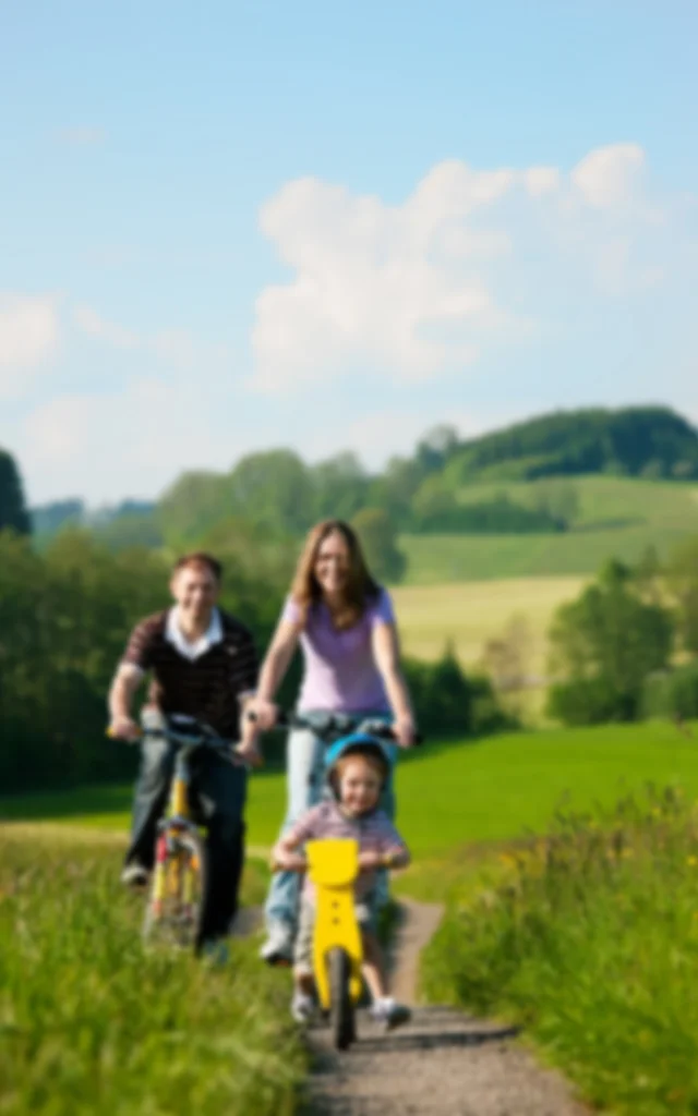 Family on a trip with their bicycles in a wonderful scenery, since their son is so young he is riding a training bike